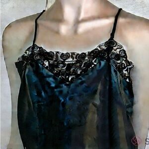 MICHEL ANTONI SATIN camisole embroider lace adjustable straps BLACK size 1X BNWT